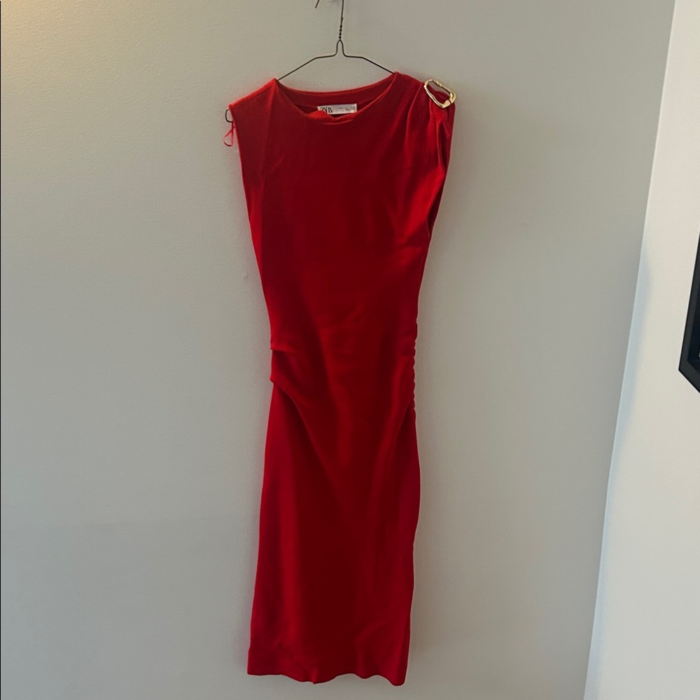 Zara Vibrant Red Midi Dress with gold buckle